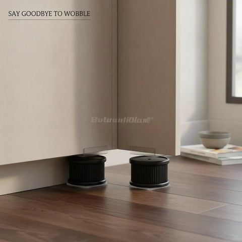 Four Pack Adjustable Furniture Leg Levelers With Sponge Base under a cabinet, stabilizing on wooden floor, ending wobble