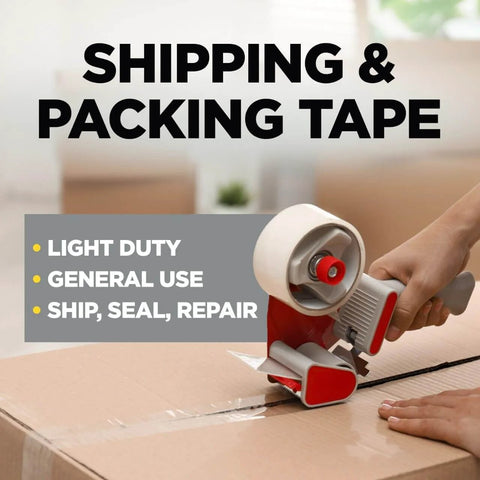 Light Duty Shipping Packaging Tape 1.88 Inch By 54.6 Yard, 6 Roll Pack With Dispenser applied on box.