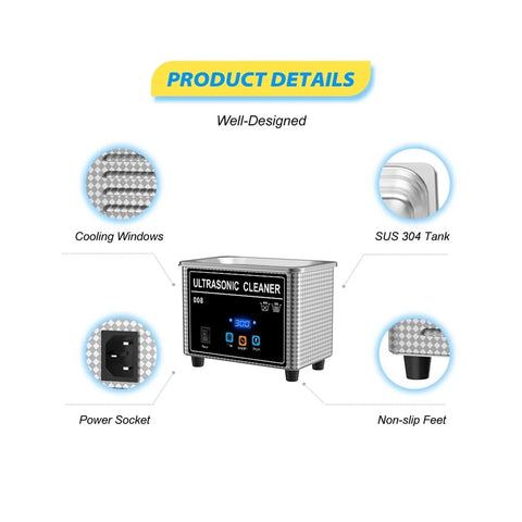 Big 800Ml Handheld Ultrasonic Cleaner With Digital Display, Heater And Timer showing stainless steel tank and control panel.