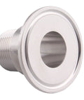 DERNORD 1.5 inch sanitary tri clamp to 3/4 inch male tri-clover fitting, front view, stainless steel