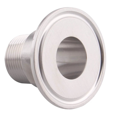 DERNORD 1.5 inch sanitary tri clamp to 3/4 inch male tri-clover fitting, front view, stainless steel