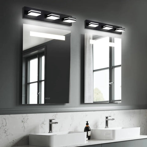 Matte Black 3 Light Bathroom Vanity Fixture With 24W LED Dimmable Over Mirror Lighting, 350 Degree Adjustable Lamp Heads, Cold White 6000K, ETL Listed, 22 Inch installed over mirror in modern bathroom