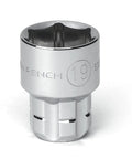 Close-up of socket from 21-Piece Three Eighths Inch Drive Pass-Thru Ratchet And Socket Set SAE Metric With Thin Head, Five Degree Arc