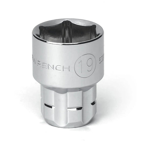 Close-up of socket from 21-Piece Three Eighths Inch Drive Pass-Thru Ratchet And Socket Set SAE Metric With Thin Head, Five Degree Arc