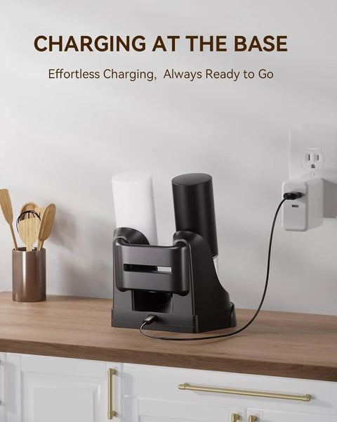 Upgraded Electric Salt And Pepper Grinder Set With Dual Charging Base, Rechargeable Operation Eliminates Frequent Battery Replacement For Eco Friendly Convenience In Your Home Kitchen Setup Today on countertop.