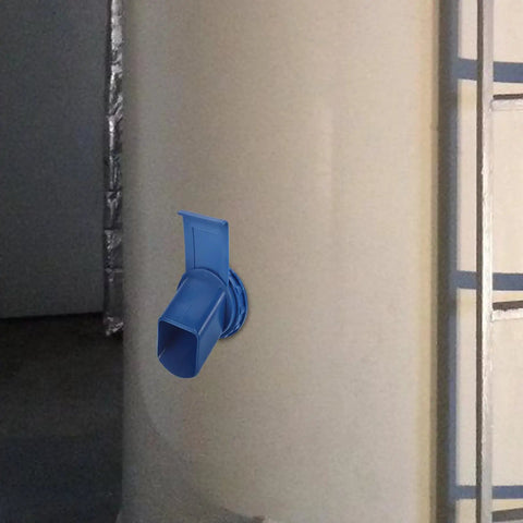 Plastic Grain Bin Outlet For Easy Grain Storage Containers With Large Diameter Outlet And Stable Construction Simple Installation Convenient Barn Bin Accessory For Smooth Dispensing And Secure Grain Handling blue outlet mounted on grain bin wall