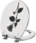 Elongated Toilet Seat Rose Resin for Bathroom Replacement, featuring a black rose design and metal hinges, 14.5" x 18.5".