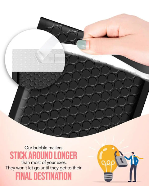 Hand peeling back adhesive strip on Black Bubble Mailers 4x8 Inches Self-Sealing Padded Envelopes, 200 Pack, Usable Size 4x7 Inches.