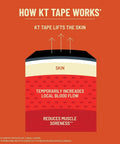 Illustration showing how kinesiology tape works to lift skin, increase blood flow, and reduce muscle soreness.