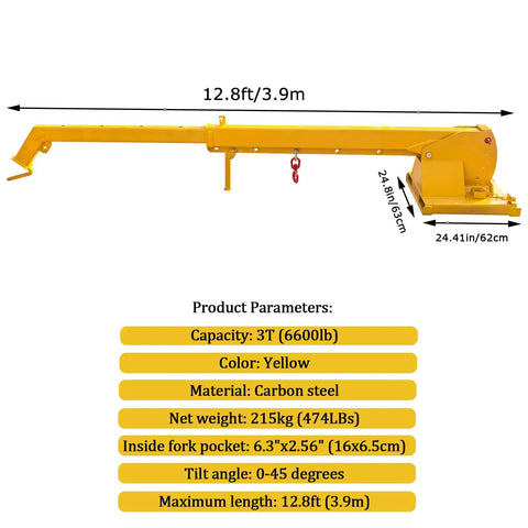 Heavy Duty Forklift Telescopic Boom With Adjustable Tilt And 6600 LBS Rock Solid Mobile Crane Kit at 12.8ft length, carbon steel.