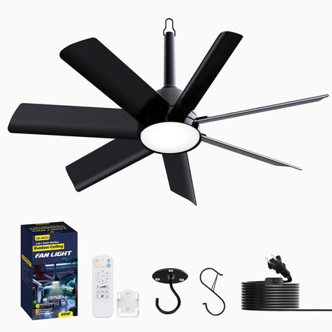 28 Inch Outdoor Ceiling Fan With Light And Remote Plug In Portable Waterproof Hanging Fan For Camping Patios Porch And RV