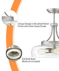 3 Light Farmhouse Pendant Light Semi Flush Mount With Brushed Nickel And Clear Glass Shade, showcasing E26 bulb base