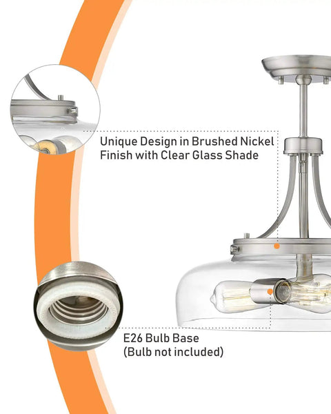 3 Light Farmhouse Pendant Light Semi Flush Mount With Brushed Nickel And Clear Glass Shade, showcasing E26 bulb base