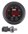 Front view oil pressure gauge kit, 52mm, digital red display, 0-150 psi, includes 1/8 NPT sensor.