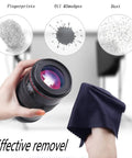 Microfiber cleaning cloths, navy blue, 12x12 inches, 6-pack, used on camera lens (close-up).