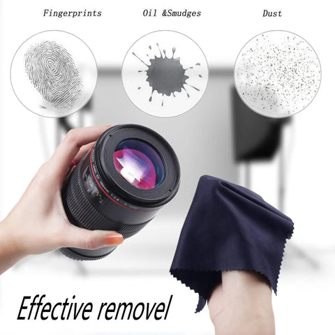 Microfiber cleaning cloths, navy blue, 12x12 inches, 6-pack, used on camera lens (close-up).