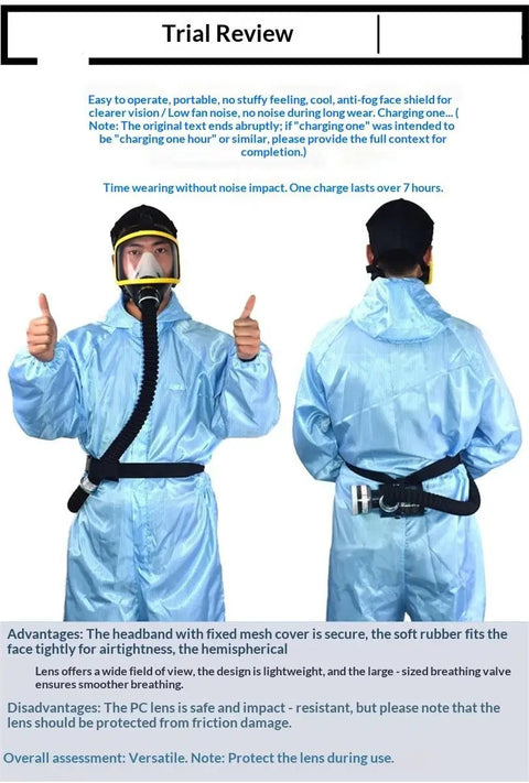 Powered Air Supplied Full Face Respirator With All Day Comfort And Rechargeable Ventilated Long Hose Gas Mask For Paint Spraying And Heavy Duty Chemicals Dust And Pesticide Fumes Anti Fog Safety Mask For Tough Industrial Work, front and back view