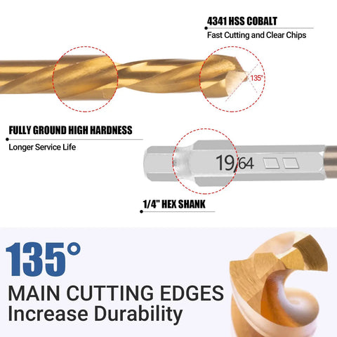 Close-up of 11 Piece Screw Extractor Set For Broken Screws And Bolts Metric Easy Out With Reverse Drill Bits featuring cobalt coating