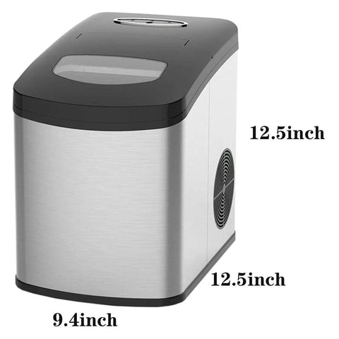Countertop Ice Maker Machine With Premium Stainless Steel Body And Black Viewing Lid, 12.5x9.4 inch size, top angle view.