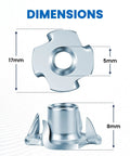 4 Pronged Tee Nut Zinc Plated Steel Built Tough For Wood And Furniture 4 Jaw Threaded Insert dimensions illustration