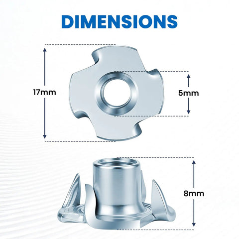4 Pronged Tee Nut Zinc Plated Steel Built Tough For Wood And Furniture 4 Jaw Threaded Insert dimensions illustration