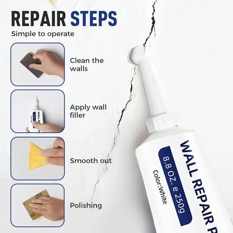 Fast Drywall Repair Kit With Scraper And Nozzle Extender, Quick Drying Patch Paste For Holes And Cracks in use, showing repair steps