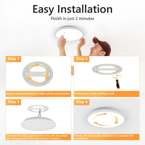 Step-by-step installation of 12 Inch LED Flush Mount Ceiling Light 24W Waterproof IP54 for indoor and outdoor use.