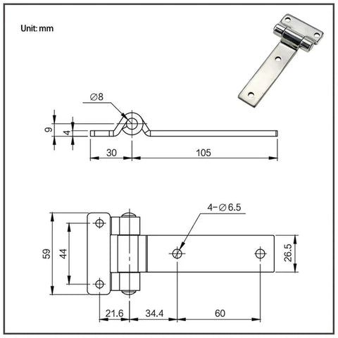 Technical diagram and top view of T Type Extended Tab Hinge In 304 Stainless Steel For Industrial Machinery And Automotive Equipment.