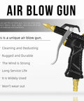 Pro Grade Air Blow Gun Set With Brass Adjustable Nozzle and ergonomic handle, shown with product features and benefits.