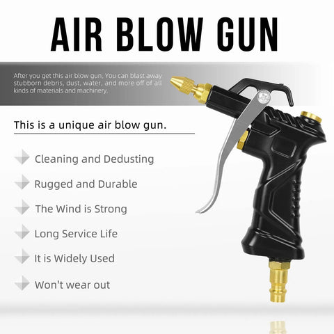 Pro Grade Air Blow Gun Set With Brass Adjustable Nozzle and ergonomic handle, shown with product features and benefits.