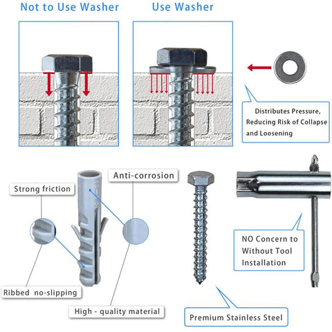 Drywall Anchors And TV Wall Mount Kit with M8 Lag Bolts and Washers, Concrete Wall Anchors, Bubble Level, Socket Tool, and Two Drill Bits shown with features.
