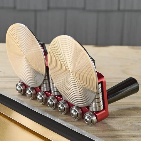 Pro Grade 2 Station Metal Bender Disc FS2DL Heavy Duty Straight Bend Tool for 5/16 to 1 3/4 inch runs side view on table