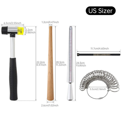 Ring Sizer Mandrel Measuring Tool Kit For Jewelry Making, All In One Gauge Set With Wood Cone, Rubber Mallet, Wire Wrapping Tools, Finger Size Sticks, For Men And Women, Precise, Fast Ring Sizing, Handy Repairs For DIYers.