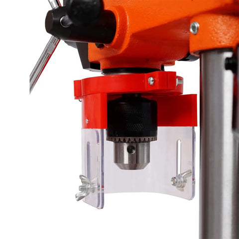 Close-up of 8 Inch Benchtop Drill Press with Laser Guide, featuring adjustable chuck and protective cover for precision drilling.