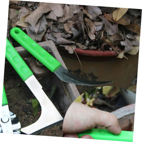 8-Piece Weeder And Grass Cutter Set For Gardening with ergonomic grip, featuring green handles and durable steel blades in garden setting.