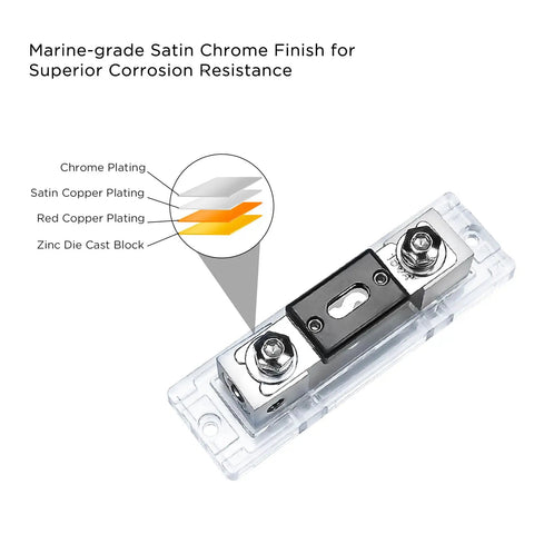 Inline ANL Fuse Holders 150 Amp, Dual Pack With Reducers, marine-grade satin chrome finish detail, zinc die cast construction, clear base