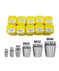Precision High Performance ER Spring Collet Set For Lathe Mill Tool with sizes and yellow holders displayed for CNC use.