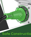 Close-up of a green 15 Amp To 30 Amp RV Adapter Cord With Locking NEMA L5-30R To NEMA 5-15P, 12 Inch, plugged in, Safe Construction.