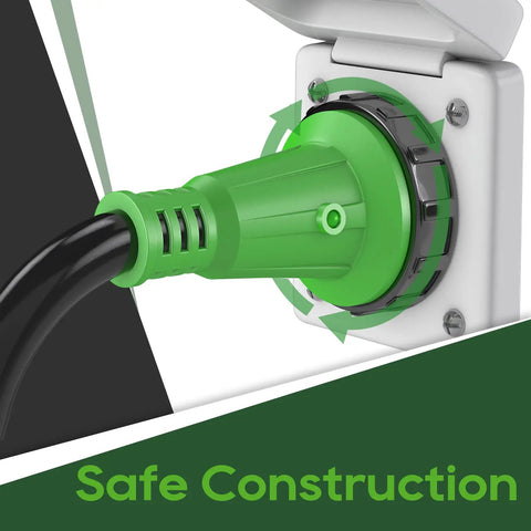 Close-up of a green 15 Amp To 30 Amp RV Adapter Cord With Locking NEMA L5-30R To NEMA 5-15P, 12 Inch, plugged in, Safe Construction.