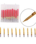 Cool Set Of 10 Pieces Engraver Bits With Coated Carbide And 30 Degree Tips perfect for CNC router carving, showcasing sharp tips and protective casing.