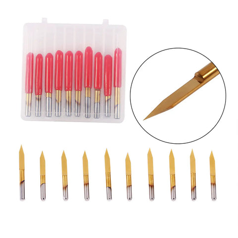Cool Set Of 10 Pieces Engraver Bits With Coated Carbide And 30 Degree Tips perfect for CNC router carving, showcasing sharp tips and protective casing.