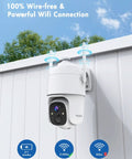 Wireless Outdoor Security Camera With 360 Degree PTZ Battery Powered And No Wires Color Night Vision attached to outdoor wall.