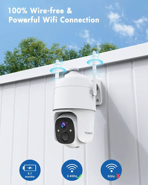 Wireless Outdoor Security Camera With 360 Degree PTZ Battery Powered And No Wires Color Night Vision attached to outdoor wall.
