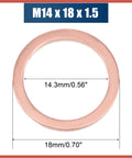 Twenty Piece Copper M14 X 18mm Flat Sealing Washers For Cars And Trucks Hella Secure Fit Rock Solid Copper Metal displaying dimensions.