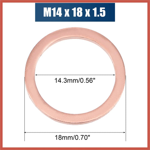 Twenty Piece Copper M14 X 18mm Flat Sealing Washers For Cars And Trucks Hella Secure Fit Rock Solid Copper Metal displaying dimensions.