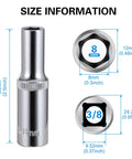 8mm Deep Socket Set 3/8 Inch Drive 6 Point With Radius Corner Design, dimensions 64mm length, chrome vanadium material.