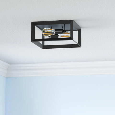 Two Light Flush Mount Ceiling Light Fixture In Industrial Black Metal Finish for kitchens and entryways, shown from below.