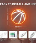 Basketball-shaped neon sign with USB port, switch button, screws, and hanging chains, 9.8 inches, installation details shown.