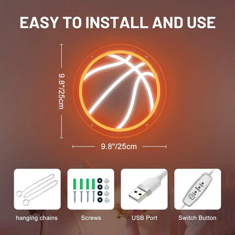 Basketball-shaped neon sign with USB port, switch button, screws, and hanging chains, 9.8 inches, installation details shown.