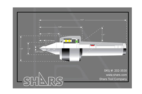 Side view of 4MT Long Nose High Speed Medium Duty CNC Live Center 202-3530 3500 RPM 1100 Lb Load Capacity with dimensions